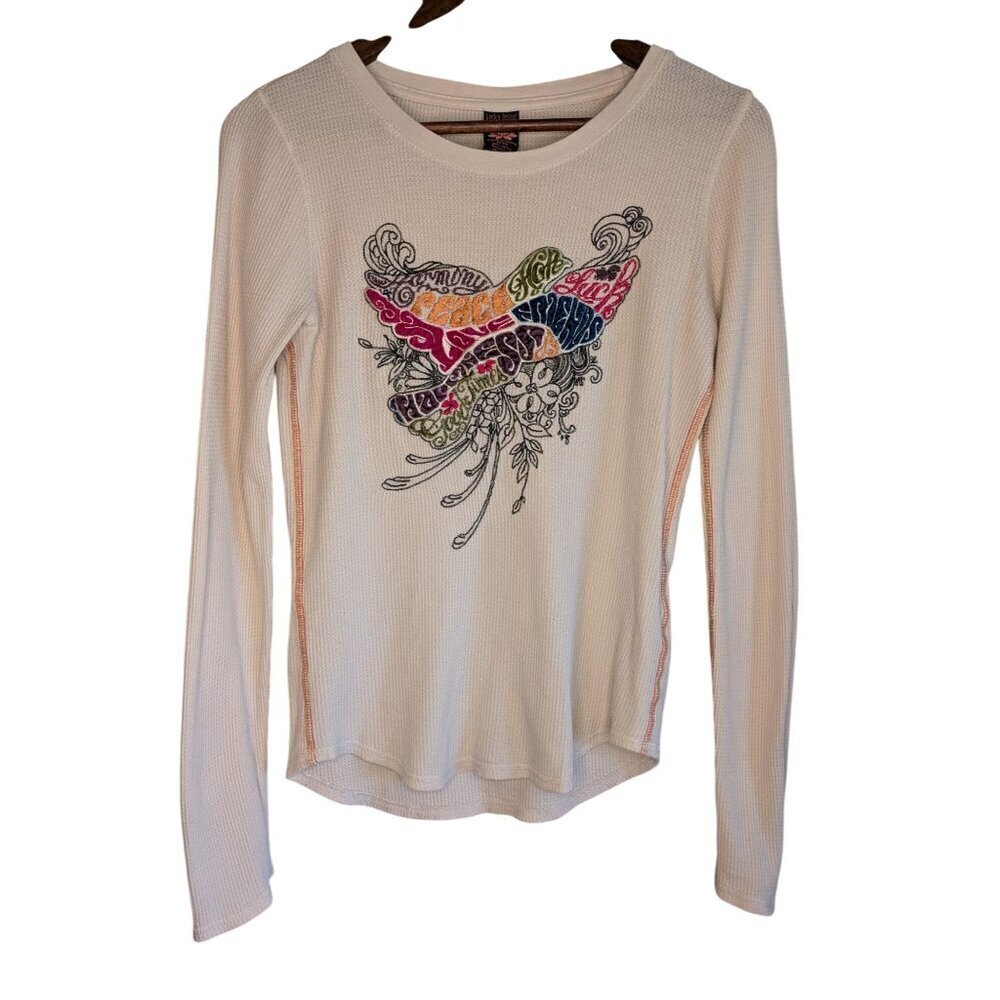Vtg Y2K Lucky Brand Velvet Floral Embroidered Thermal Top Medium Festival Waffle